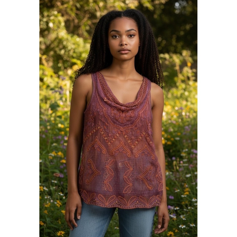 Sundance Tunic Top Womens XL Purple Orange Embroidered Sheer‎ Lined Boho mesh